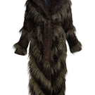 Brown Fortini faux fur maxi coat with diagonal panel design, long sleeves, and plush texture for a stylish winter look.