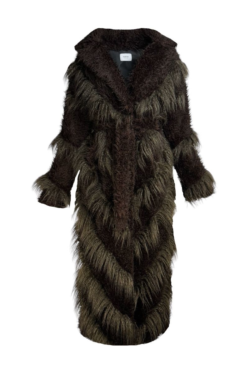 FAUX FUR MAXI COAT WITH DIAGONAL PANELS IN BROWN - CULT MIA
