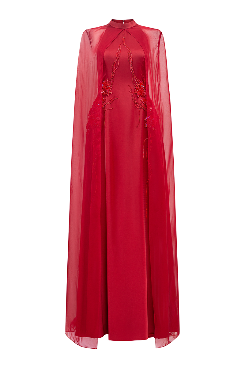 LONG SEE-THROUGH CAPE FLARED DRESS - CULT MIA