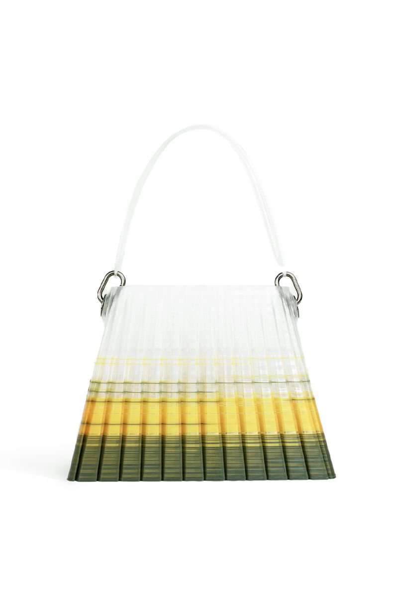 Touchless CULT MIA X green and yellow pleated ombre top handle handbag with a sleek, stylish design and textured fabric.