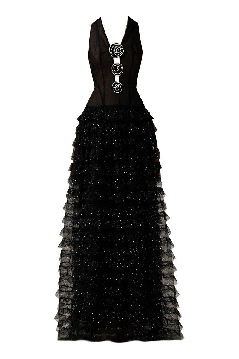 BLACK V-NECK ROSES EMBELLISHMENT GOWN - CULT MIA