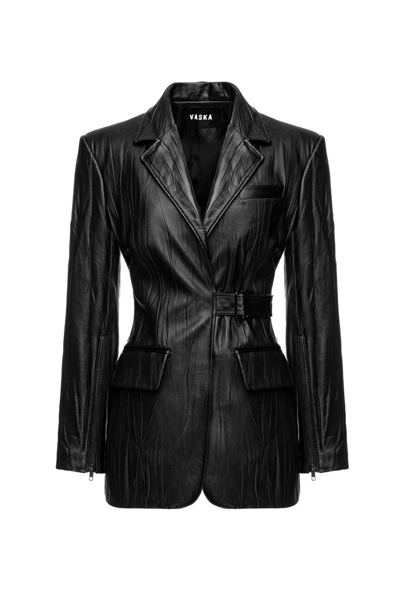Black textured leather jacket by Vaska featuring a stylish, fitted design with visible stitching and a classic collar.