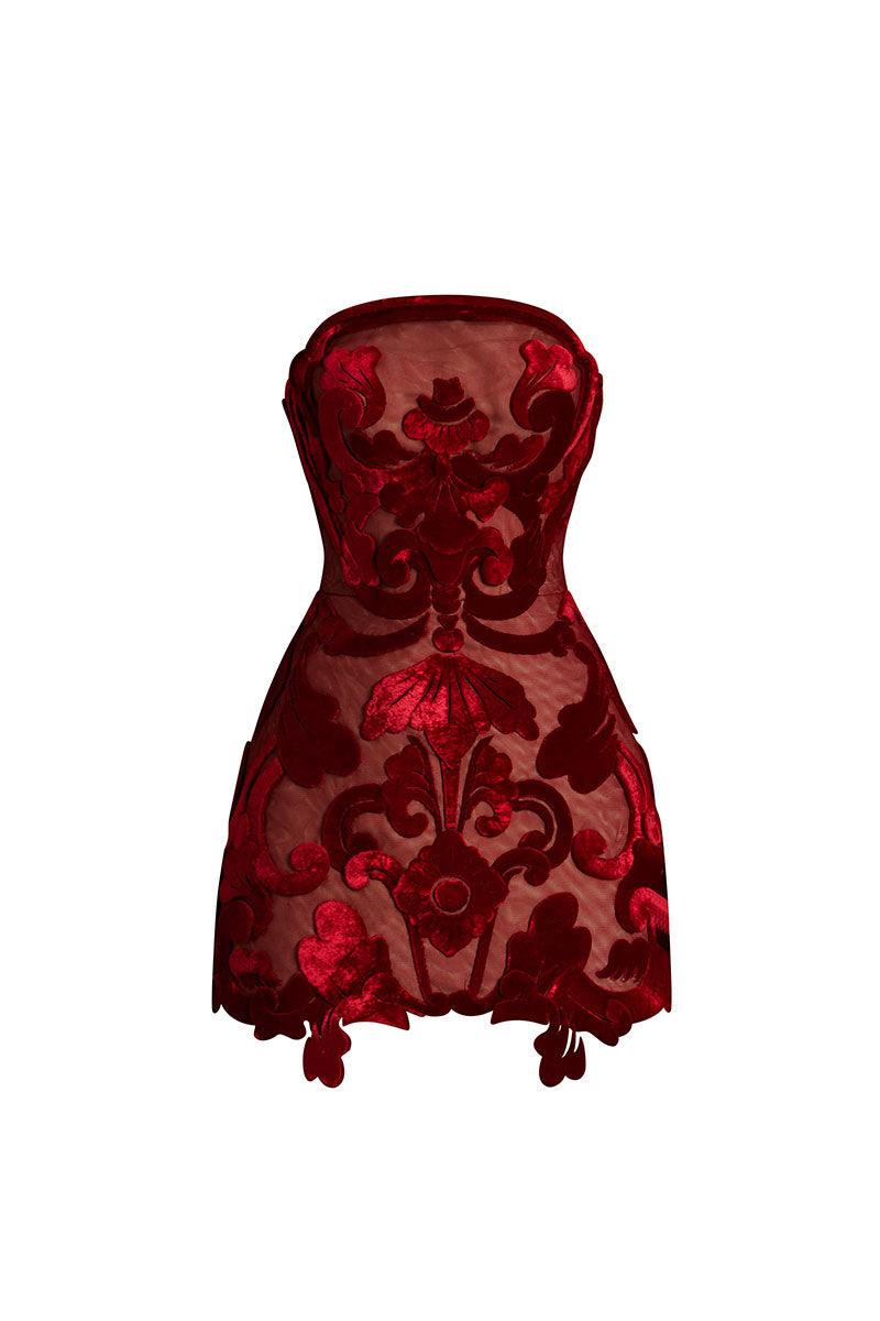 Le Thanh Hoa Velvet Shadows Mini Dress featuring a dark, velvety fabric and stylish silhouette on a model.