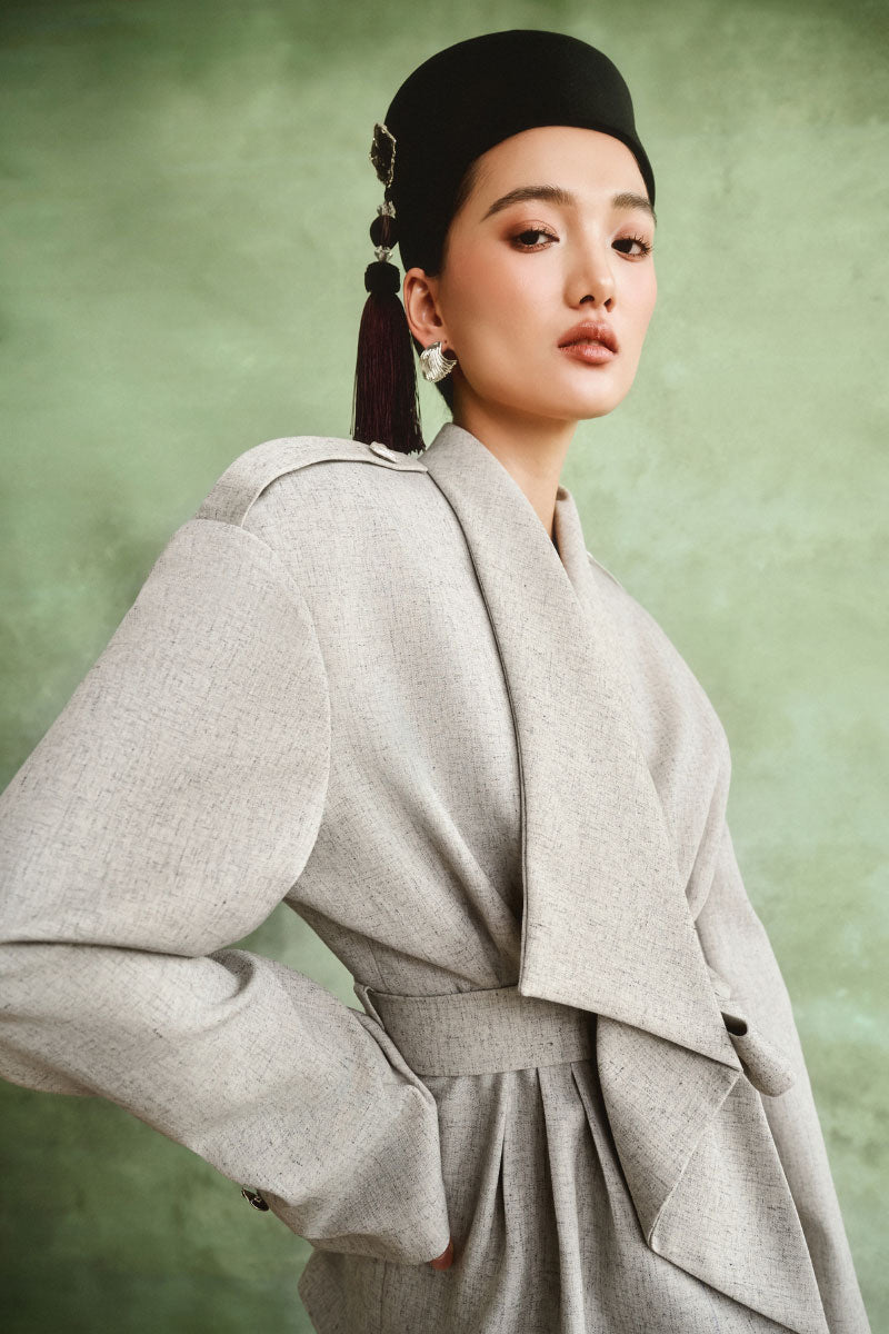 White Plan modern oriental structured co-ord set featuring a patterned top and matching pants, stylish and tailored for a contemporary look.