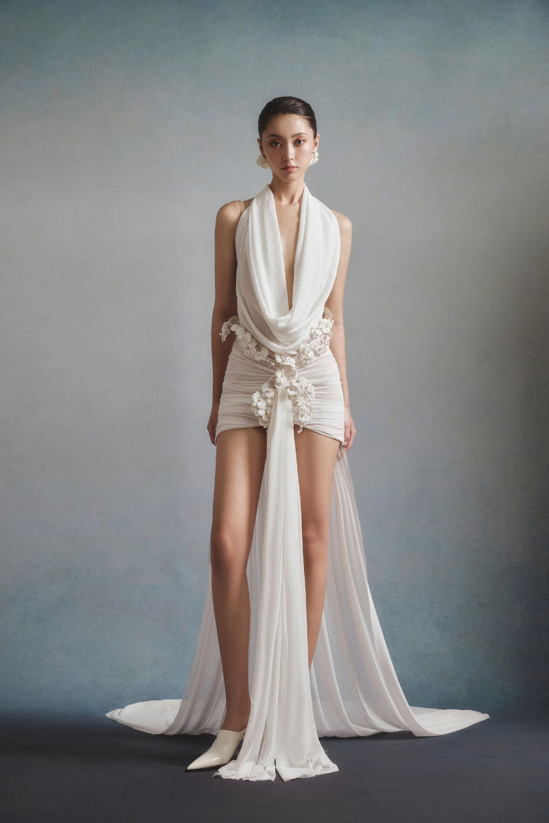 White Plan Seraphina draped mini dress, stylish sleeveless design with flowing fabric, perfect for casual or semi-formal occasions.