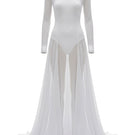 White Plan Nirvana Dress gown displayed on a model, featuring a flowing fabric and elegant design for formal occasions.