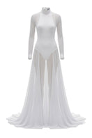 White Plan Nirvana Dress gown displayed on a model, featuring a flowing fabric and elegant design for formal occasions.