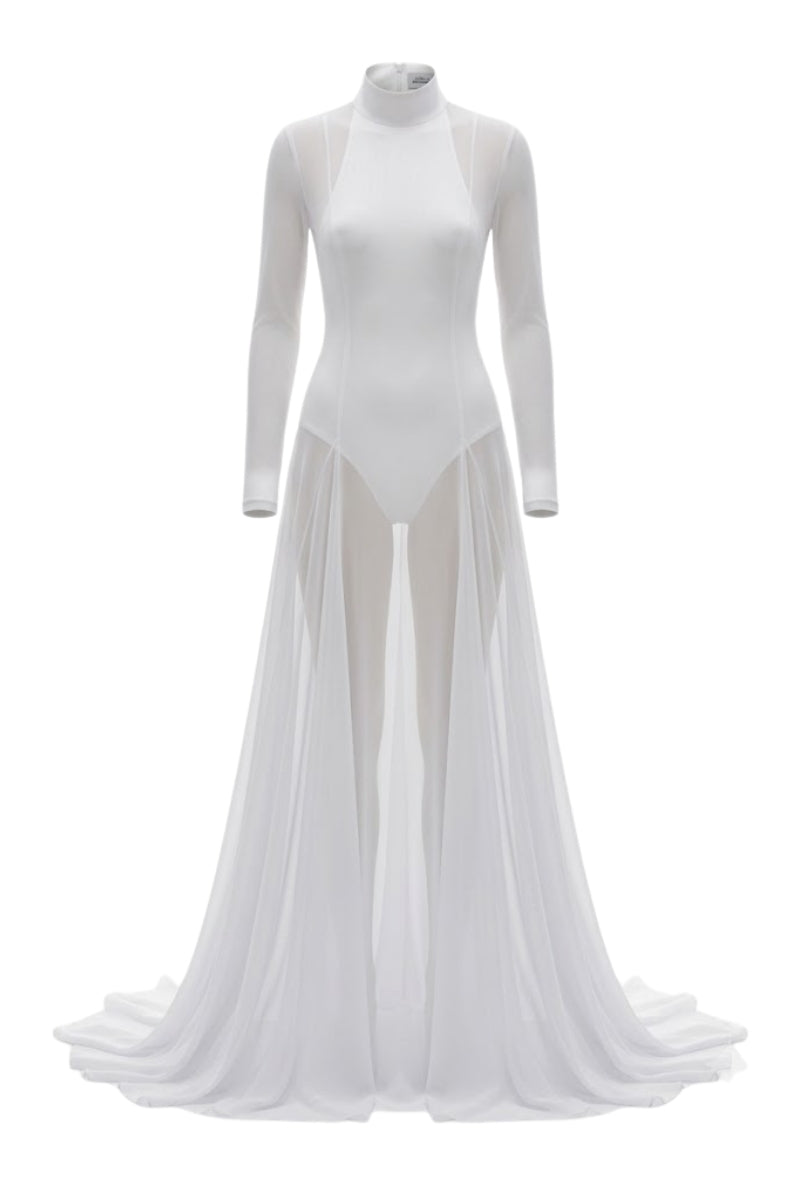 White Plan Nirvana Dress gown displayed on a model, featuring a flowing fabric and elegant design for formal occasions.