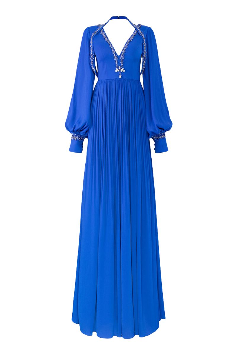COBALT LONG PUFFY SLEEVE V-NECK GOWN - CULT MIA