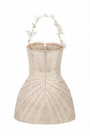 Beige Eveline lace mini dress from 21Six featuring intricate lace details and a fitted silhouette.