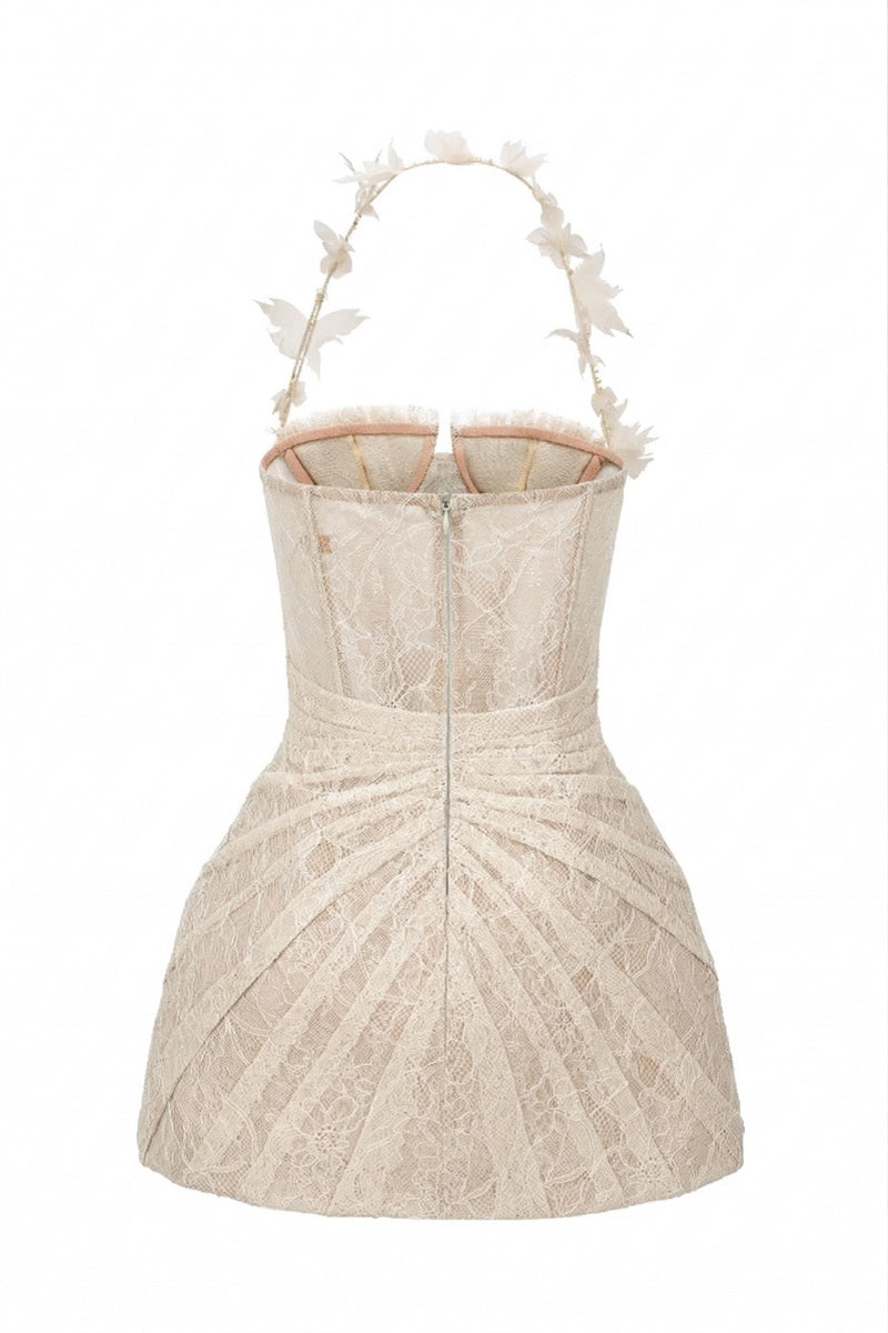 Beige Eveline lace mini dress from 21Six featuring intricate lace details and a fitted silhouette.