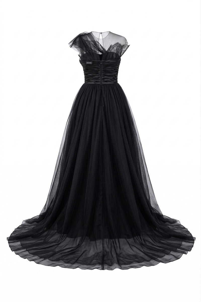 Black SEDNA tulle and organza gown by 21Six, featuring elegant flowing fabric and intricate detailing in a stylish evening dress