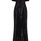 Black sequin off-shoulder gown by Lili Blanc featuring sparkling embellishments and elegant drape for formal occasions.