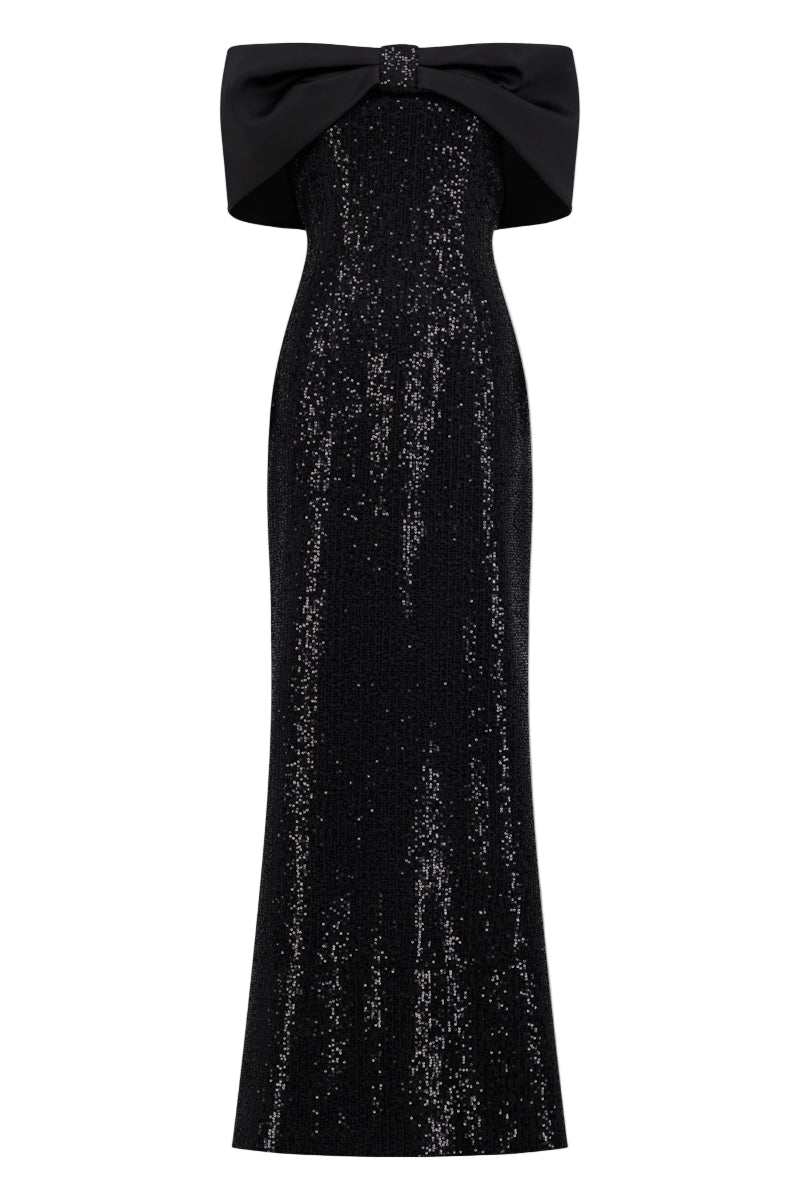 GLAMOUR SEQUIN OFF-SHOULDER GOWN IN BLACK SPARKLE