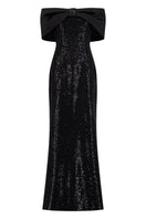 Black sequin off-shoulder gown by Lili Blanc featuring sparkling embellishments and elegant drape for formal occasions.