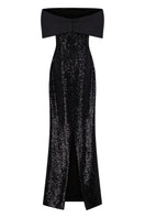 Black sequin off-shoulder gown by Lili Blanc featuring sparkling embellishments and elegant drape for formal occasions.