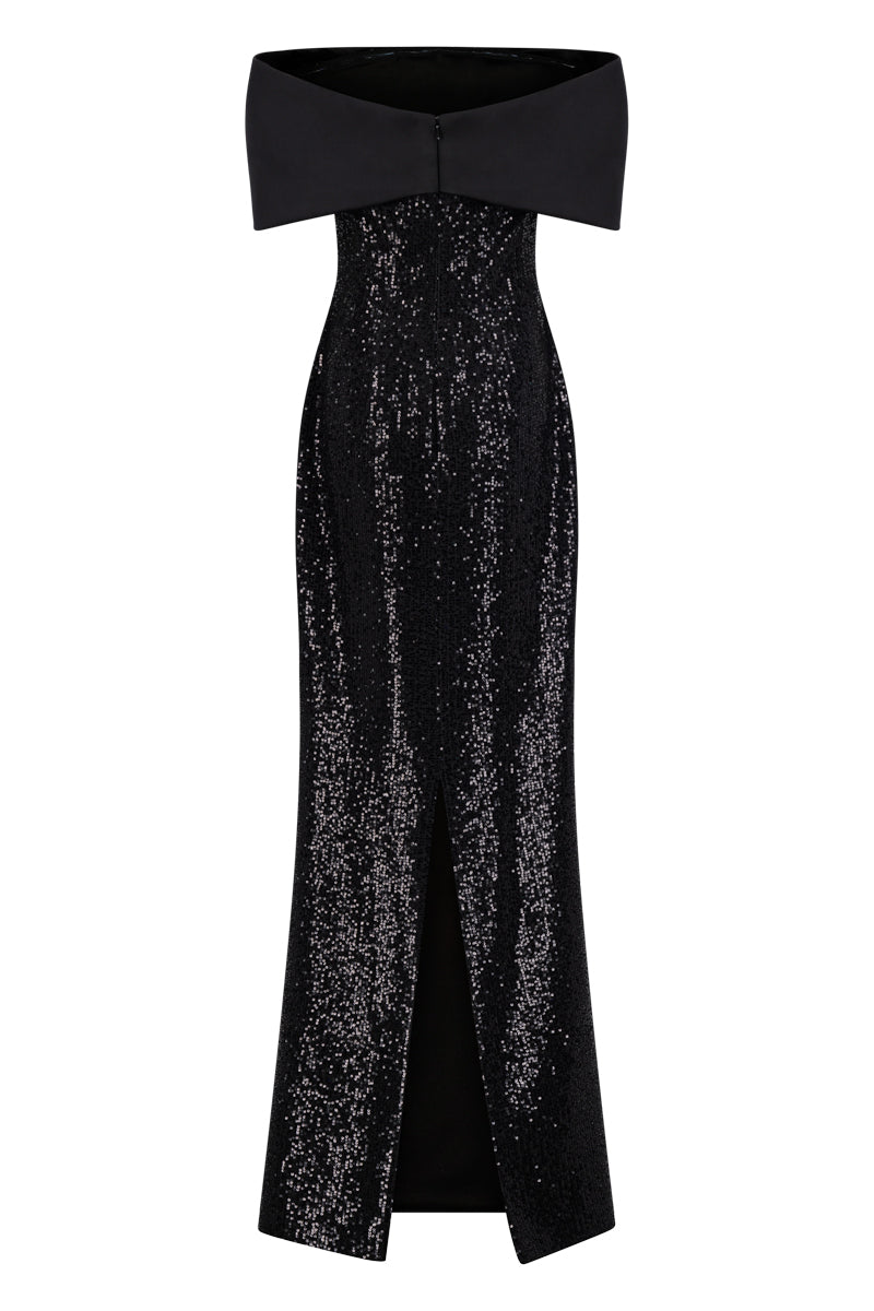 Black sequin off-shoulder gown by Lili Blanc featuring sparkling embellishments and elegant drape for formal occasions.