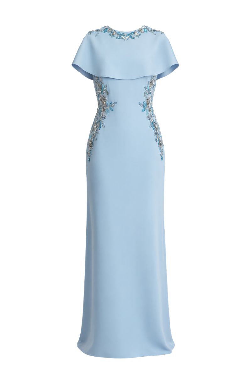 Raishma Jade gown featuring elegant draping, intricate beading, and a flowing silhouette perfect for formal occasions.