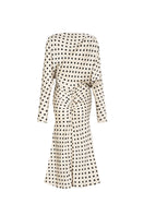 Valenciani long sleeve ivory midi dress displayed on a hanger, showcasing its elegant, fitted design and smooth fabric.