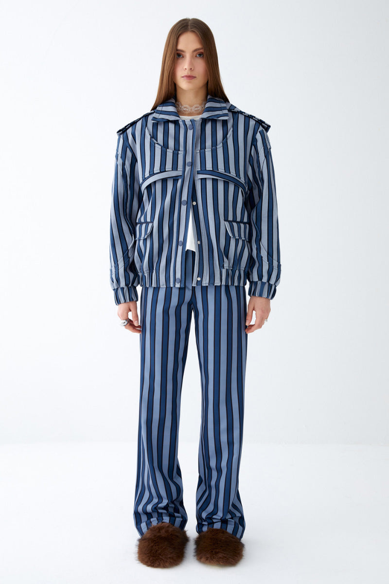ColoReve Cave Biker Jacket in blue striped fabric with a fitted style and collar, displayed on a mannequin.