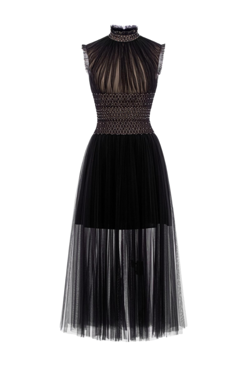 TULLE HIGH-NECK SEMI SHEER DRESS IN BLACK