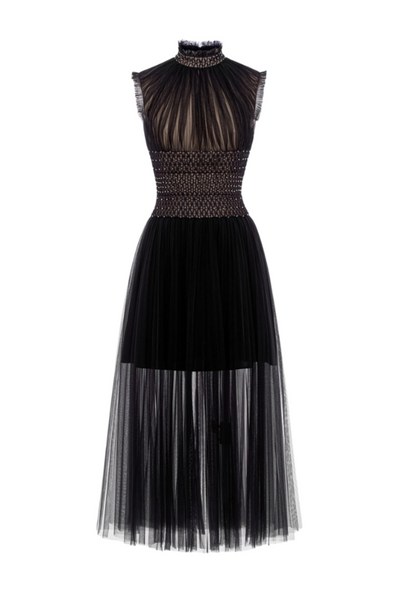 TULLE HIGH-NECK SEMI SHEER DRESS IN BLACK | CULT MIA | ROSEE DE MATIN