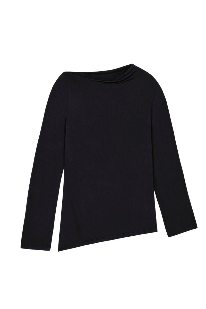 Dāl the Label modal asymmetric knit top featuring a stylish, flowy design and unique hemline in soft, comfortable fabric.