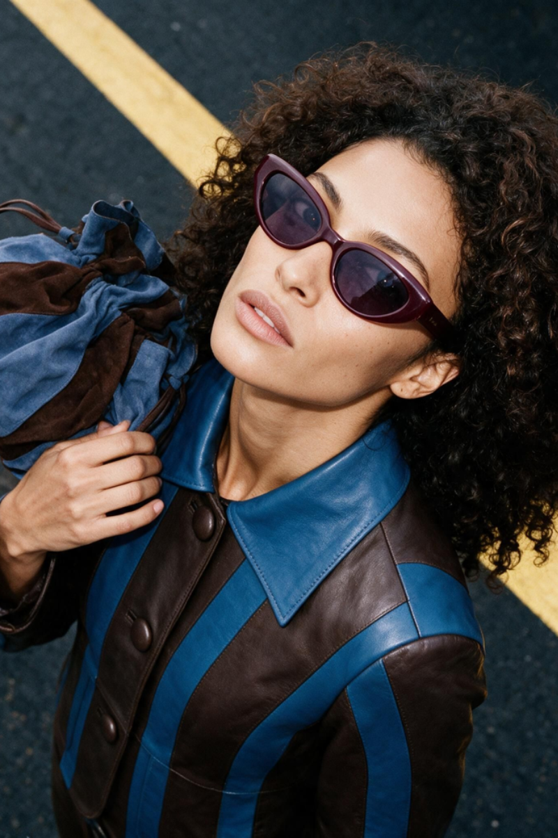 Double A CULT MIA X Harper jacket in blue and brown, featuring stylish design and durable fabric.