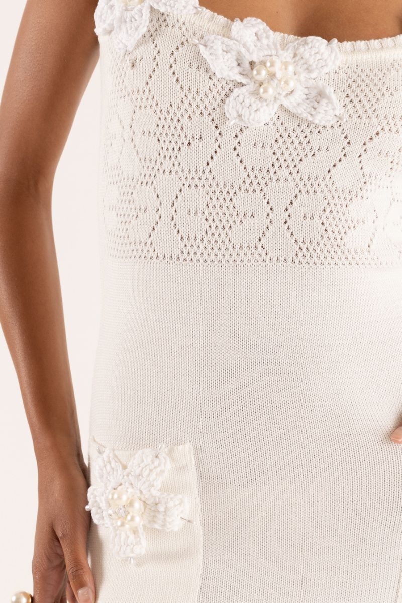 WHITE VANILLA KNIT DRESS WITH HANDMADE EMBROIDERY - CULT MIA