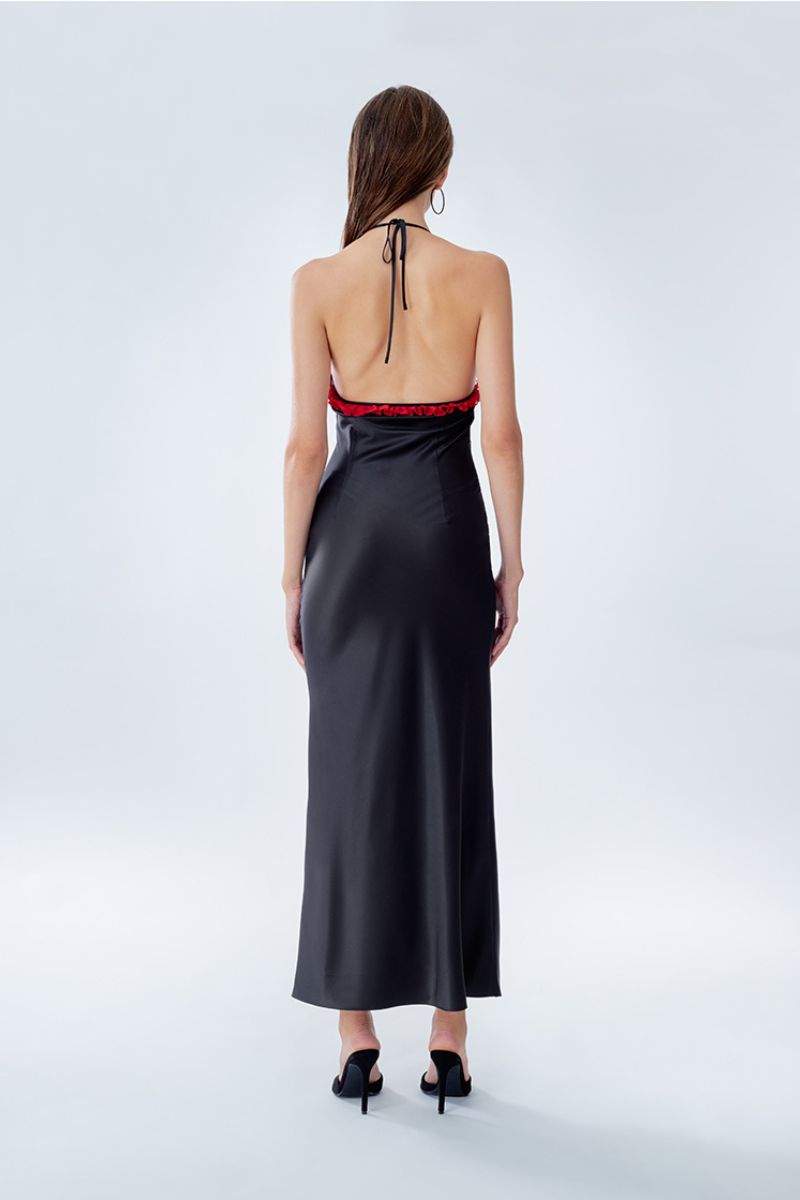red and black slip dress Stolen Stores MINI RUFFLE MAXI SLIP DRESS IN Black AND RED