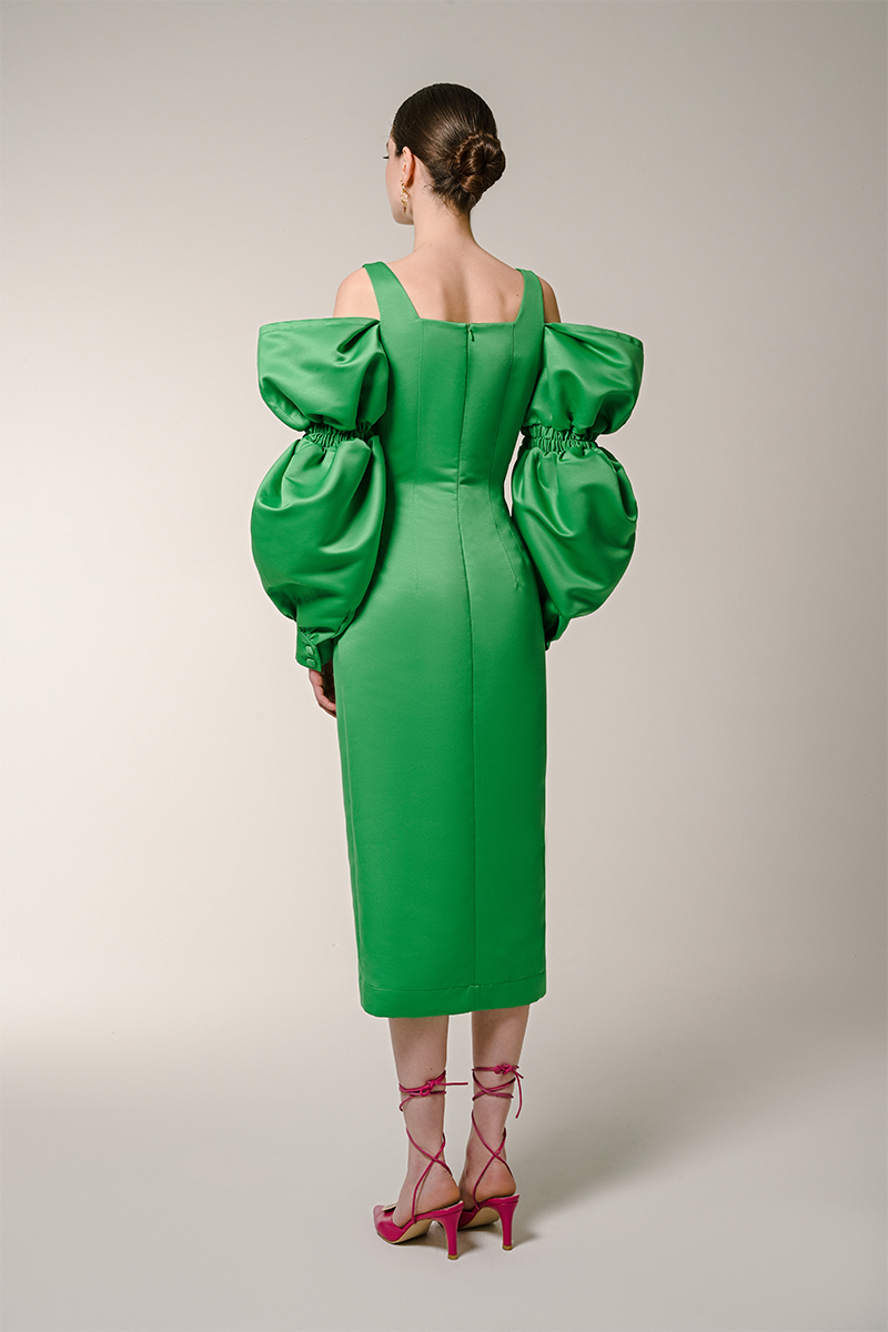 GREEN PUFF SLEEVES DRESS - CULT MIA