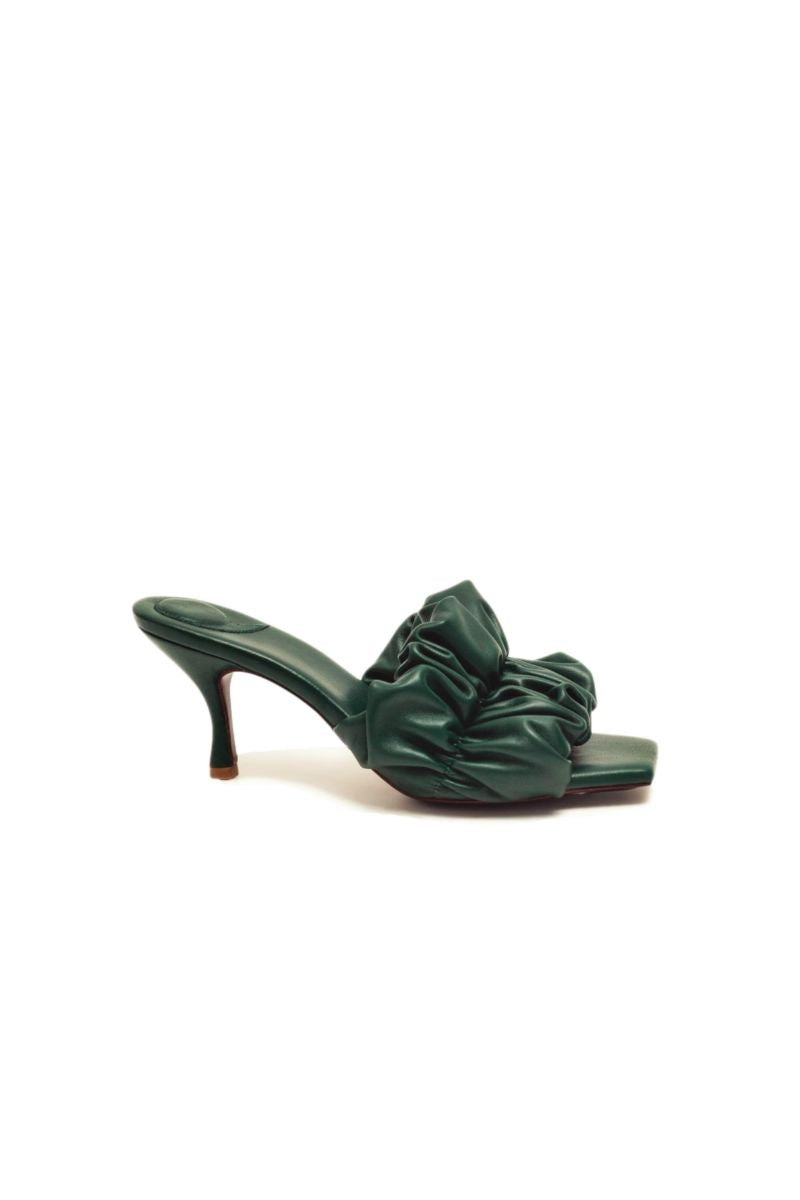 Christin Wu Poppy Tourmaline Green Mules heels, stylish open-back shoes with a vibrant green color and elegant design.
