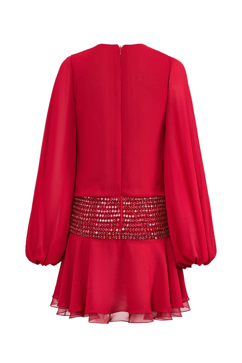 CEM deep V-neck chiffon mini dress showing flowy fabric and stylish design, perfect for casual or semi-formal occasions.