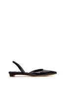 A pair of AERA Jackie black patent-effect slingback flats with pointed toes and ankle straps, shown on a neutral background.