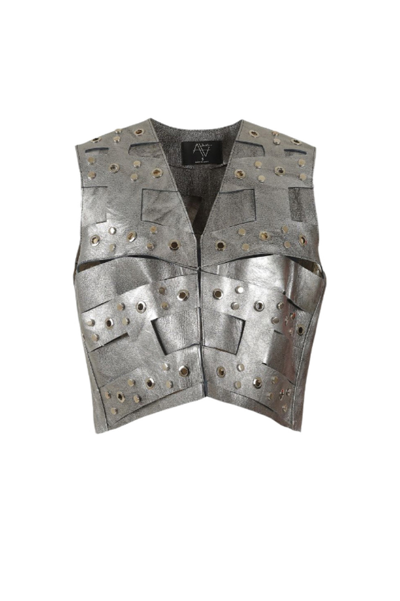 Double A Aiden studded leather vest in washed silver with silver studs, featuring a fitted design and detailed stitching.