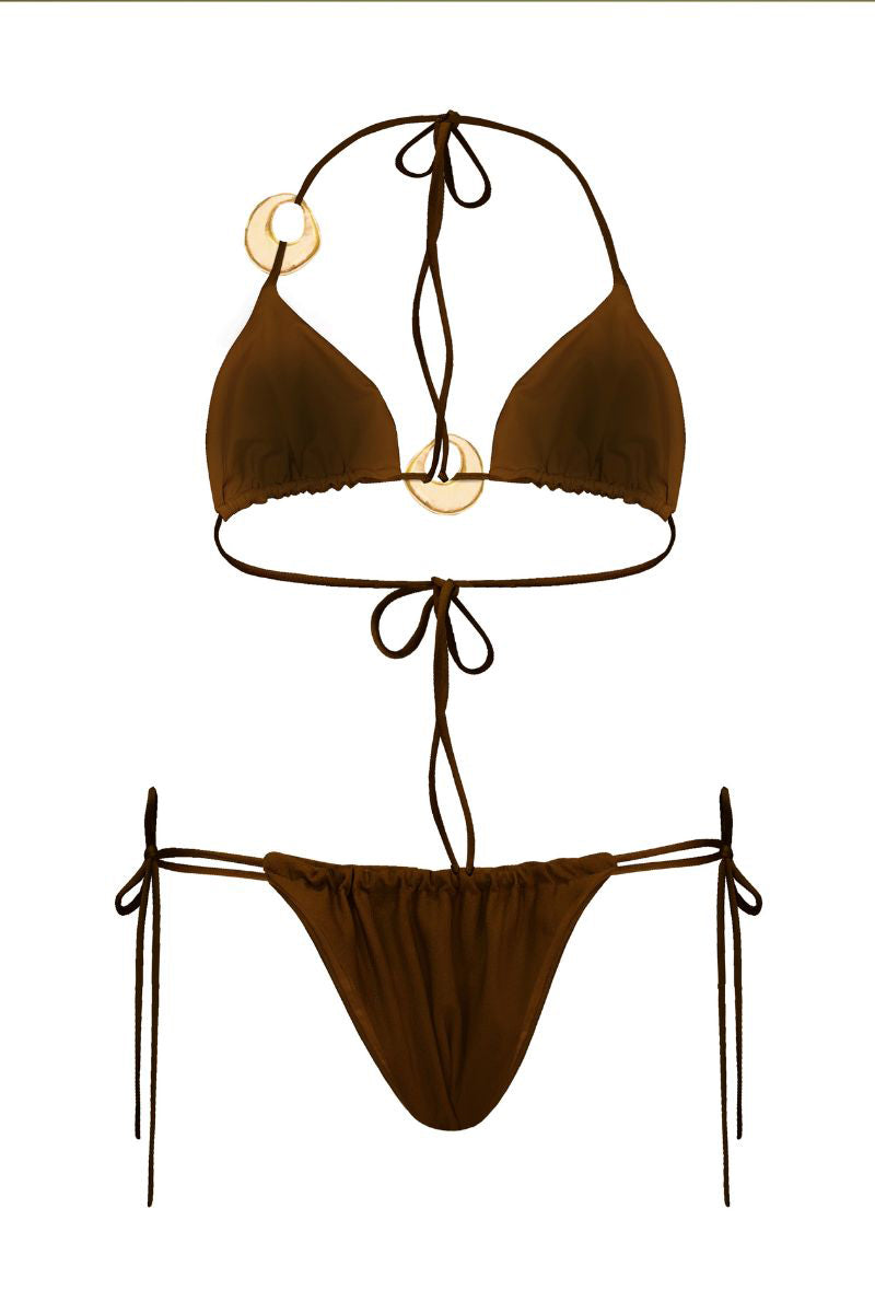 Brown Selina bikini by Laura Escobar featuring a stylish, two-piece design with adjustable straps and sleek fabric.