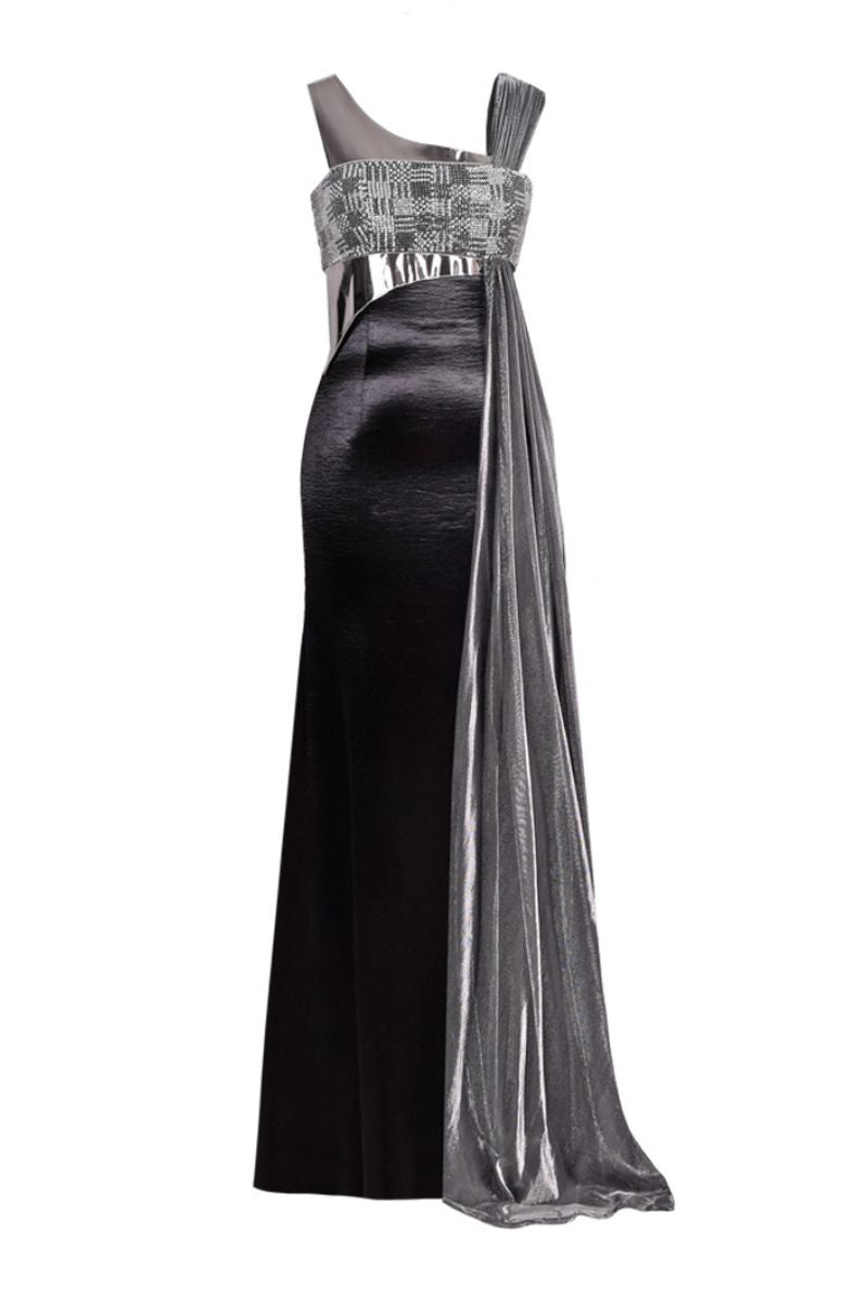 BLACK SEQUIN BUSTIER ASYMMETRIC GOWN - CULT MIA