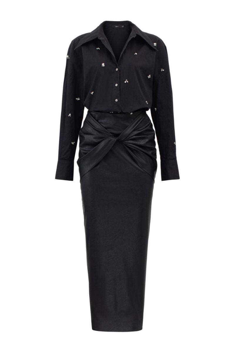 DESI BLACK RAW CRYSTAL SHIRT AND MIDI SKIRT - CULT MIA