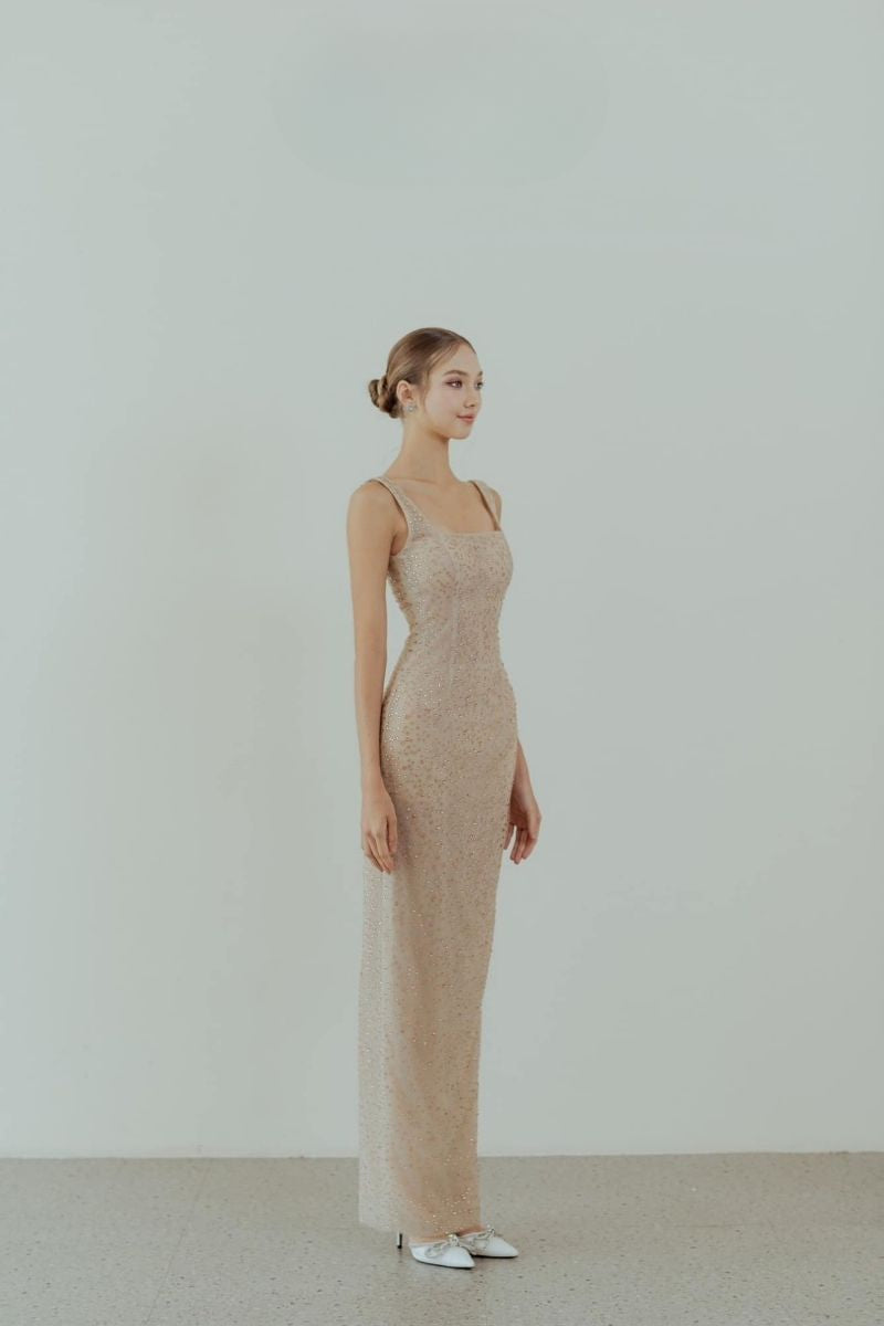 NUDY SQUARE NECK CRYSTAL BEADED MAXI DRESS - CULT MIA