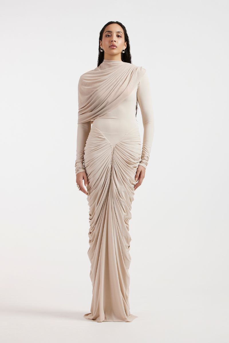 ELORA BEIGE DRAPED GOWN - CULT MIA