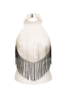 Vaska white beaded fringe top showing intricate beaded detailing and lightweight fabric, styled as a fashionable women's top.
