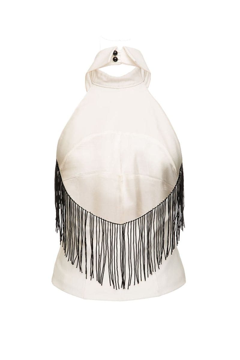 Vaska white beaded fringe top showing intricate beaded detailing and lightweight fabric, styled as a fashionable women's top.
