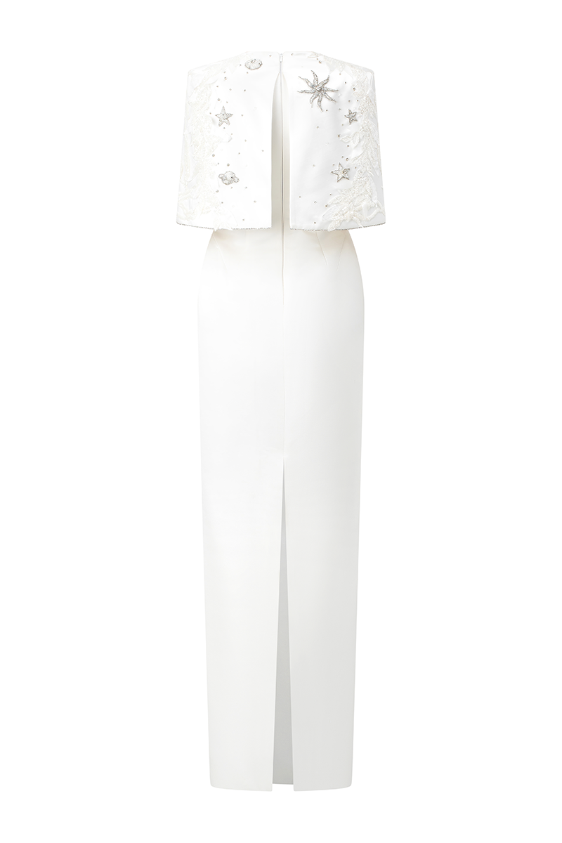 WHITE V-NECK CAPE SLEEVES STRAIGHT GOWN - CULT MIA