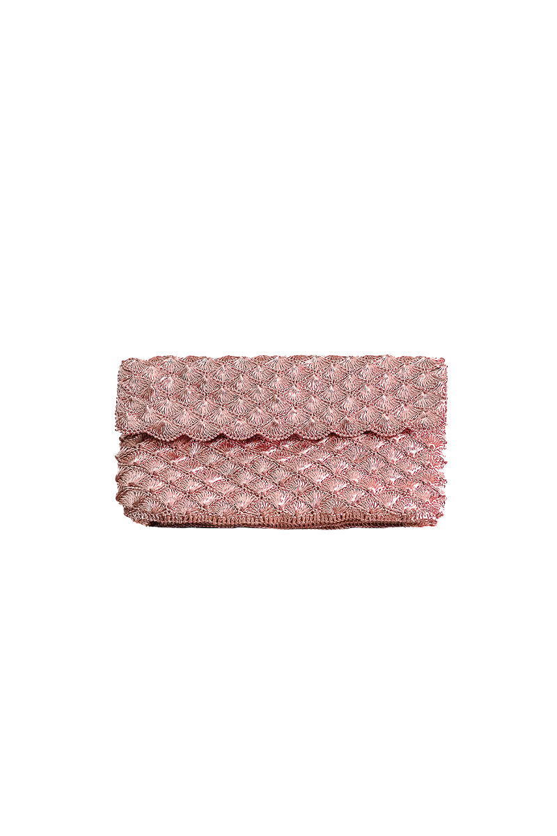 Rose gold seashell clutch by VERDI with textured surface and elegant design, perfect for evening accessories.