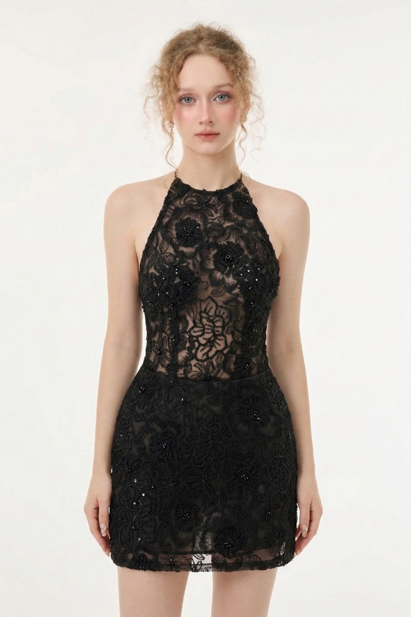Black Amira lace mini dress by 21Six, featuring intricate lace details and a fitted silhouette perfect for stylish occasions.