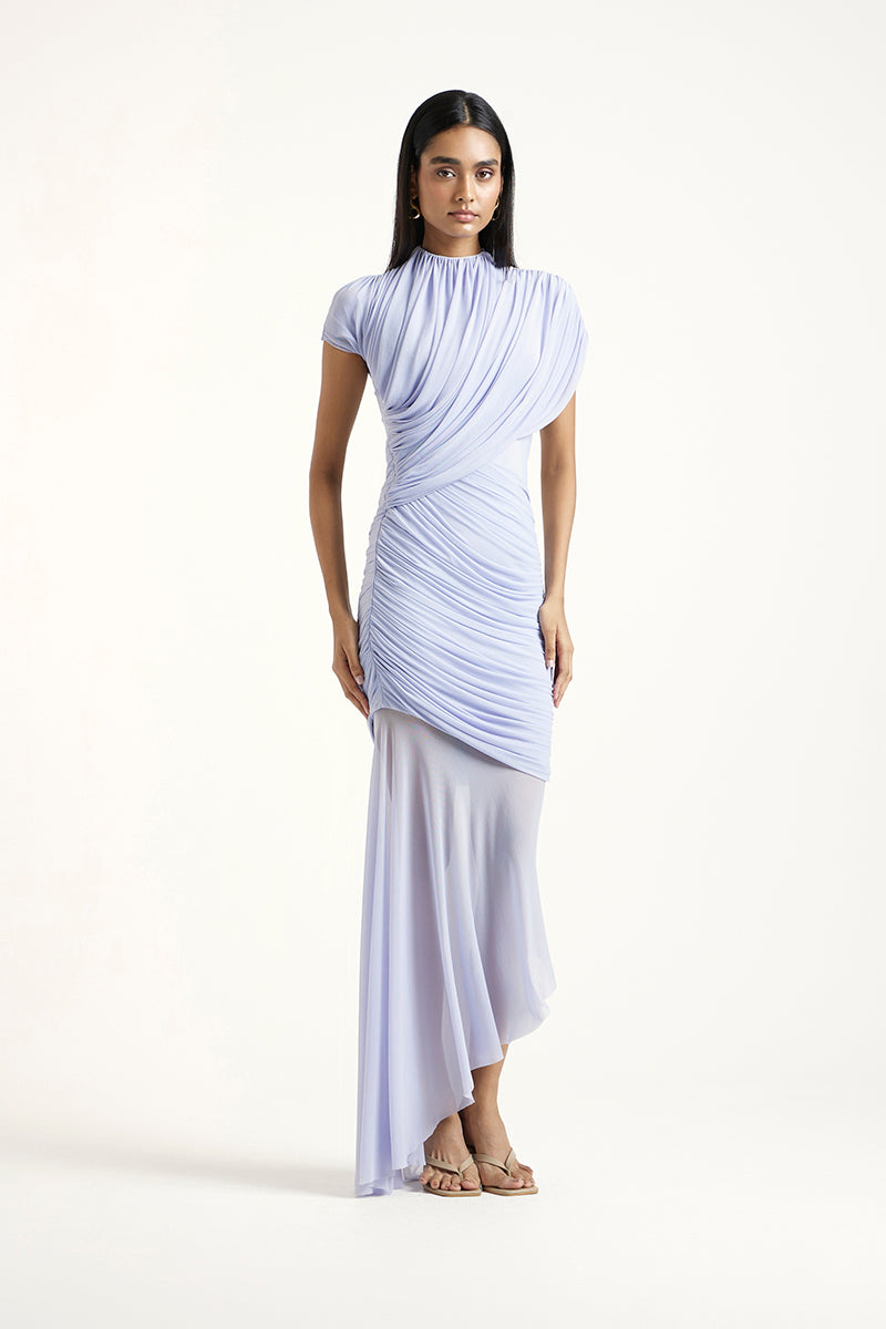Deme By Gabriella Alina Maxi Dress in Periwinkle, flowing sleeveless dress with elegant fabric and fitted waist.
