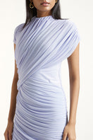 Deme By Gabriella Alina maxi dress in periwinkle color, flowing fabric, and elegant design displayed in the image.