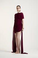 Deme By Gabriella Nicole aubergine mini dress featuring a fitted silhouette and stylish design, displayed on a hanger.