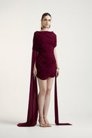Deme By Gabriella Nicole aubergine mini dress, fitted sleeveless design, showcased on a hanger against a neutral background.