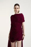 Deme By Gabriella Nicole aubergine mini dress, fitted style, with short sleeves and a sleek silhouette, shown on a model.